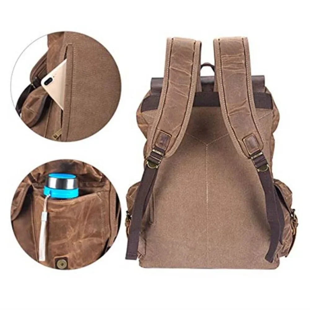 Waxed Canvas Leather Backpack 17” Laptop Travel Hiking Rucksack